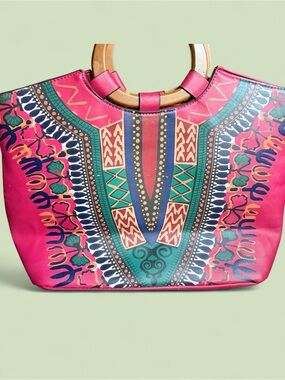 Vibrant Red/Multicolor African Print Tote Bag - Satchel w/ Lovely Wooden Handles